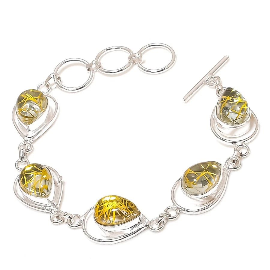 Rutilated Quartz Gemstone Handmade 925 Sterling Silver Jwelery Bracelet Sz 7-8" - Image 1 of 1