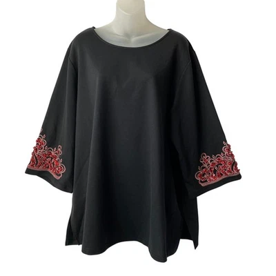 Top túnica boho arte portátil Bob Mackie para mujer 2X negro rojo bordado detalle roca Foto 1 de 4
