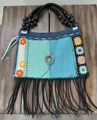 Handmade Boho Crochet Bag – Blue & Teal Flowers Granny Squares with Fringes - Image 1 of 4