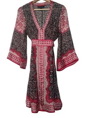 Vestido INC International Concepts 100% seda vermelho transparente 14 amarrar costas cigano boho - Imagem 1 de 4