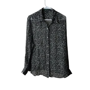 Camicetta Lauren Ralph Lauren nera bianca floreale 100% seta bottoni manica lunga XL - Foto 1 di 6
