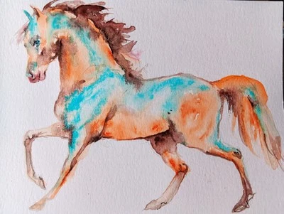 Pintura de arte corriendo caballos.Pintura acuarela firmada equina,arte ecuestre 7x5" Foto 1 de 4