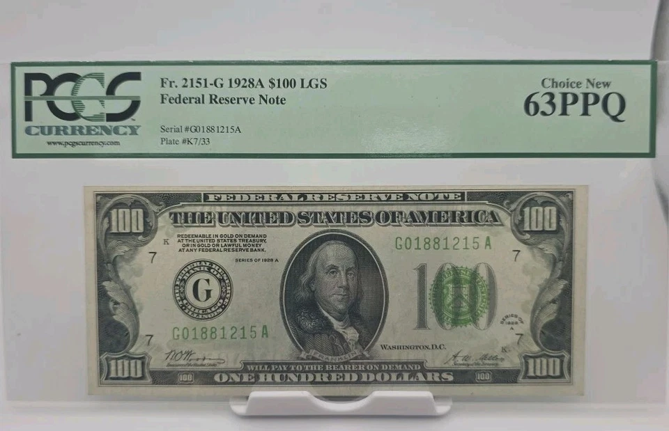 1928-A $100 LGS FRN Chicago Fr. 2151-G PCGS 63 PPQ Choice New  - Image 1 of 2