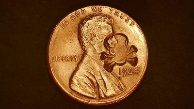 1984 P Lincoln Cent Unique Variety Error Coin Skull-X-Bone Stamped IGWT on Rim - Image 1 of 4