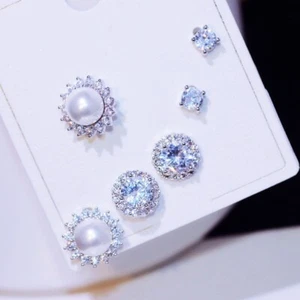 3 Pairs 18K White Gold Filled Simulated Pearl CZ Round Halo Stud Earrings - Picture 1 of 5