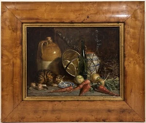 19th c. British Oil Painting CAT IN A PANTRY Joseph Kennedy BIRDSEYE MAPLE FRAME - Picture 1 of 7