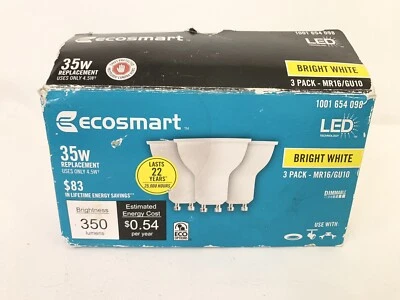 NEW Ecosmart 35W Bright White MR16 GU10 Dimmable LED Flat Light Bulb 3-Pack - Image 1 of 4