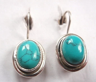 Blue Turquoise Oval 925 Sterling Silver Wire Back Earrings Corona Sun Jewelry - Image 1 of 2