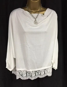 Lipsy White Top 16 Lace Hem Blouse Relaxed Oversized Slash 3/4 Sleeve Party - Picture 1 of 10