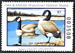 Estampilla de pato Kansas 1988 KS2, gansos de Canadá de Ann Dahoney, $$$ debajo de la cara $$$ - Imagen 1 de 2