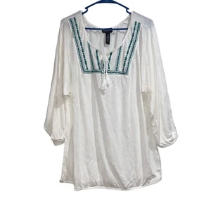 Karen Brooks White Long Sleeve Blouse Size 1X Womens Plus Pink Embroidered Green - Picture 1 of 4