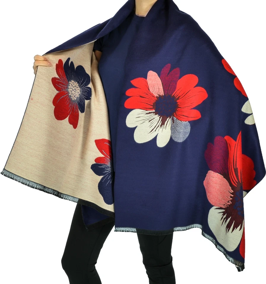 女士羊绒双面花卉围巾磨边编织披肩海军蓝/米色 — 第 1/1 张图片