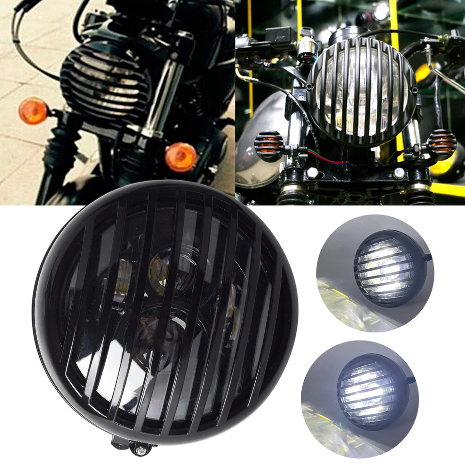 For Cafe Racer Motorcycle Retro Round Headlight w/Black Grill Scalloped Headlamp — 第 1/4 张图片