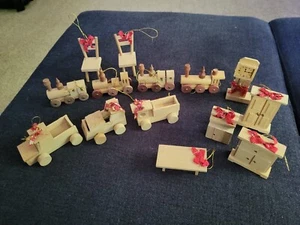 Vintage Christmas Wooden Ornaments Figures Train Cars Furniture Lit Of 14 - Picture 1 of 10