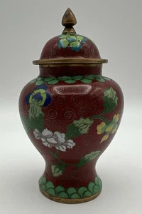 Vintage Cloisonné Ziegel Rot & Grün Floral Emaille Messing Endstück Ingwer Glas 4,5" - Bild 1 von 13