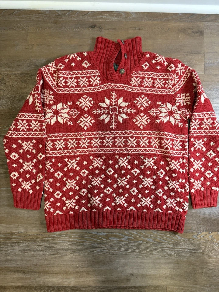 VTG Lauren Ralph Lauren Red Cotton Hand Knit Nordic Sweater Snowflakes Petite M - Image 1 of 4