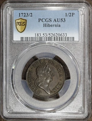 1723/2 (AU53) Wood's Hibernia Halfpenny 1/2P PCGS - Colonial Issue, Overdate - Image 1 of 3