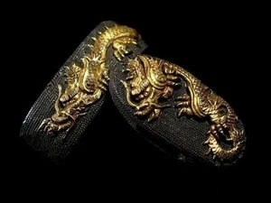 Goto School Style Fuchi-Kashira, Gold Dragon Motif on Shakudō Nanako, Edo Period - Picture 1 of 9