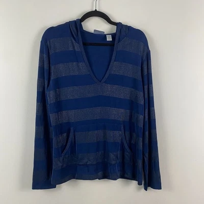 Chicos Travelers Pullover Hoodie Size 1 US Medium Blue Stripe Slinky Knit V Neck - Image 1 of 4