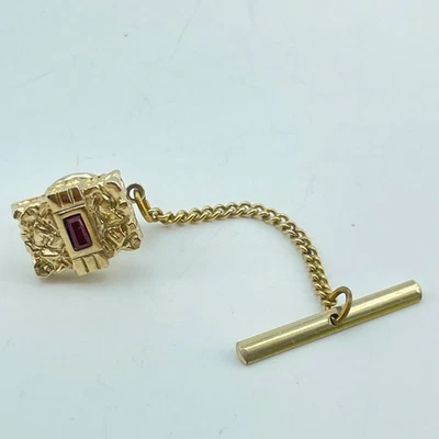SWANK Gold Tone Tie Tack Textured Nugget Design Red Gem Accent Vintage Style - Image 1 of 4