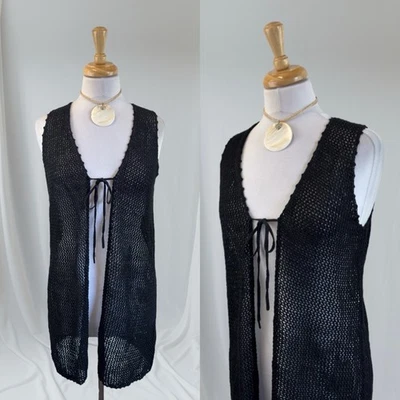 Black Knit Tie Front Duster Top Sheer Coastal Linen Minimalist Timeless Elevated - Image 1 of 4