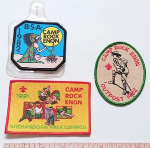 LOTE de 3 parches Camp Rock Enon 1982 Outpost y 1991 Shenandoah Area Council Virginia - Imagen 1 de 2