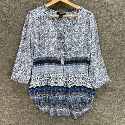 Blusa Nine West Mujer L Grande Azul Floral Cuello en V Manga 3/4 1/2 Botón Informal Foto 1 de 4