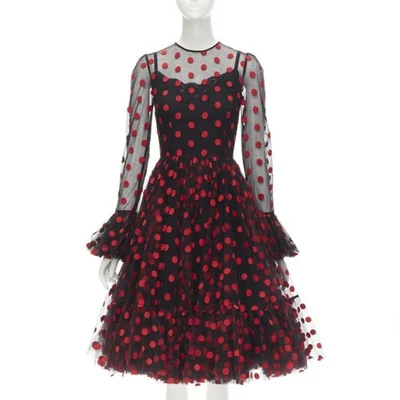 DOLCE GABBANA black red polka dot embroidered tulle flared dress IT40 S - Image 1 of 4