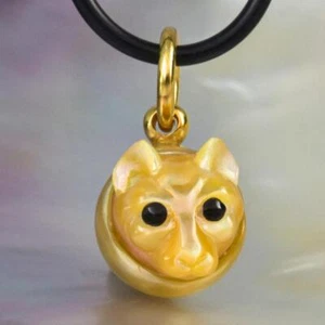 Cat IN Süd See Perle Anhänger Geschnitzter Perlmutt Vermeil Sterling 4.12g - Bild 1 von 14