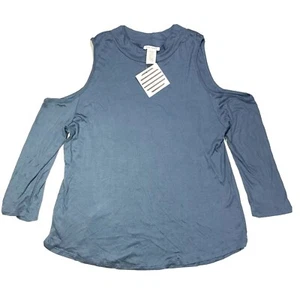 PINK PEONY Women's Plus sz 1X Ribbed Cold Shoulder 3/4 Sleeve Top Stretch Blue - Bild 1 von 4