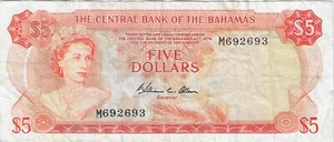 BAHAMAS P.37b 5 DOLLARS PFX M QEII SIGNATURE WC ALLEN  F-VF - Picture 1 of 2
