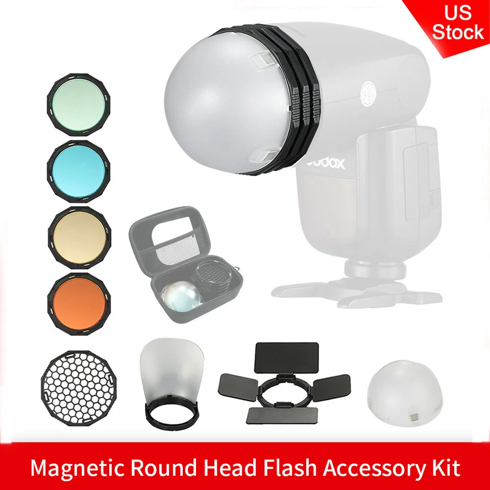 Kit de accesorios de flash de cabeza redonda magnética de EE. UU. para Godox V1 H200R AD200 AD200Pro Foto 1 de 4