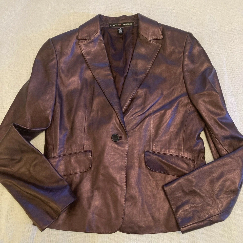 Ellen Tracy Soft Shiny Leather Blazer Jacket Coat Purple 100% Leather Size M - Image 1 of 4