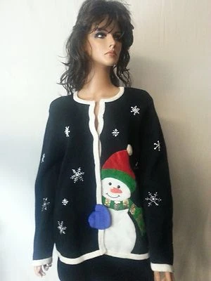 Feo Lindo Suéter de Navidad Abierto A Presión Negro Blanco Grande Muñeco de Nieve Mercer St Sudio XL Foto 1 de 4