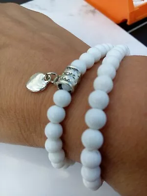 CONJUNTO Pulsera CORAZÓN Dije Tono Plata Blanco Cuentas Elástico Apilamiento Amistad Foto 1 de 2