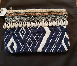 Southwestern Make Up/Accessory Bag Clutch Boho Lined Made In India Shells Beads - Imagen 1 de 5
