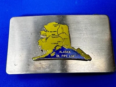 Hebilla de cinturón conmemorativa vintage de la línea de tuberías de petróleo del mapa del estado de Alaska Foto 1 de 4