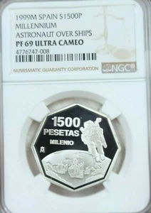 1999 SPAIN SILVER 1500 PESETAS ASTRONAUT OVER SHIPS NGC PF 69 ULTRA CAMEO  TOP  - Picture 1 of 4