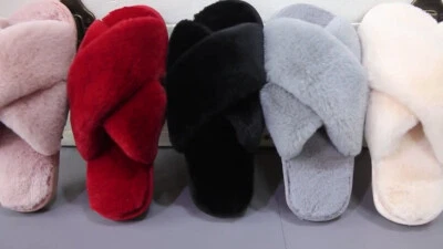 FADEZAR Ladies Girl Fluffy Slippers Women's Faux Fur Open Toe Cross Over House Slippers