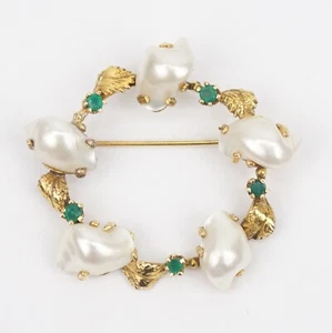 Vintage 14K Yellow Gold Brooch Pin w/ Baroque Pearls and Emeralds (9.2 Grams) - Picture 1 of 5
