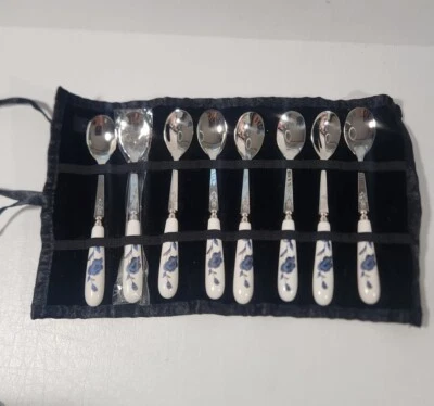 Cuchara de café de comedor de acero inoxidable con patrón de flores chinas de 8 piezas de cerámica a mano Foto 1 de 4