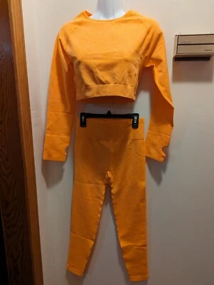 Women's Medium 2 PC. Orange Yoga Workout Set Pants And Cropped Long Sleeve... - Image 1 of 4