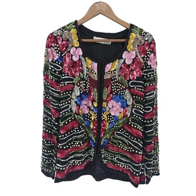 San Angelo Nights Vintage Beaded Sequin Silk Jacket Embellished Party Silk Top - Image 1 of 4