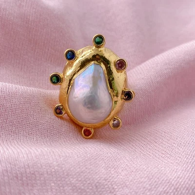 Anéis de dedo de pérolas naturais pérola barroca branca ajustável anel de casamento joia - Imagem 1 de 4