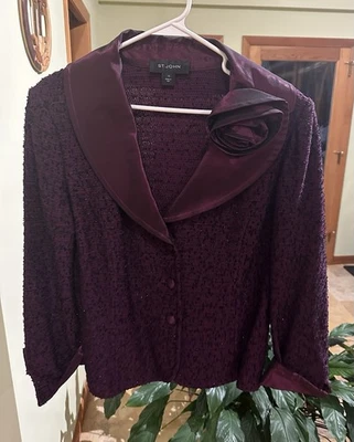 CHAQUETA/FALDA TRAJE ST. JOHN ETIQUETA NEGRA CIRUELA ROSA NEGRO CON CUENTAS TALLA 12 Foto 1 de 4