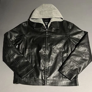 Kenneth Cole Reaction Men's Black Gray Faux Leather Jacket Hooded Zip Up Sz M - Picture 1 of 12