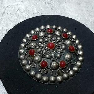 VINTAGE Etruscan Revival Brooch Silver Plate Coral Retro Pretty Made Italy - Picture 1 of 7