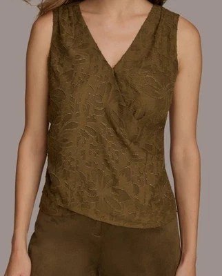 Blusa Top Donna Karan New York Para Mujer Verde Floral Metálica Imitación Envoltura Talla S Foto 1 de 2