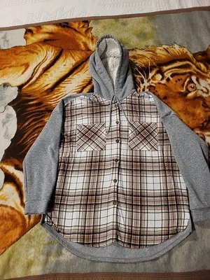 No Boundaries 女式人造夏尔巴内衬连帽衫纽扣法兰绒棕色灰色 XXXL — 第 1/4 张图片