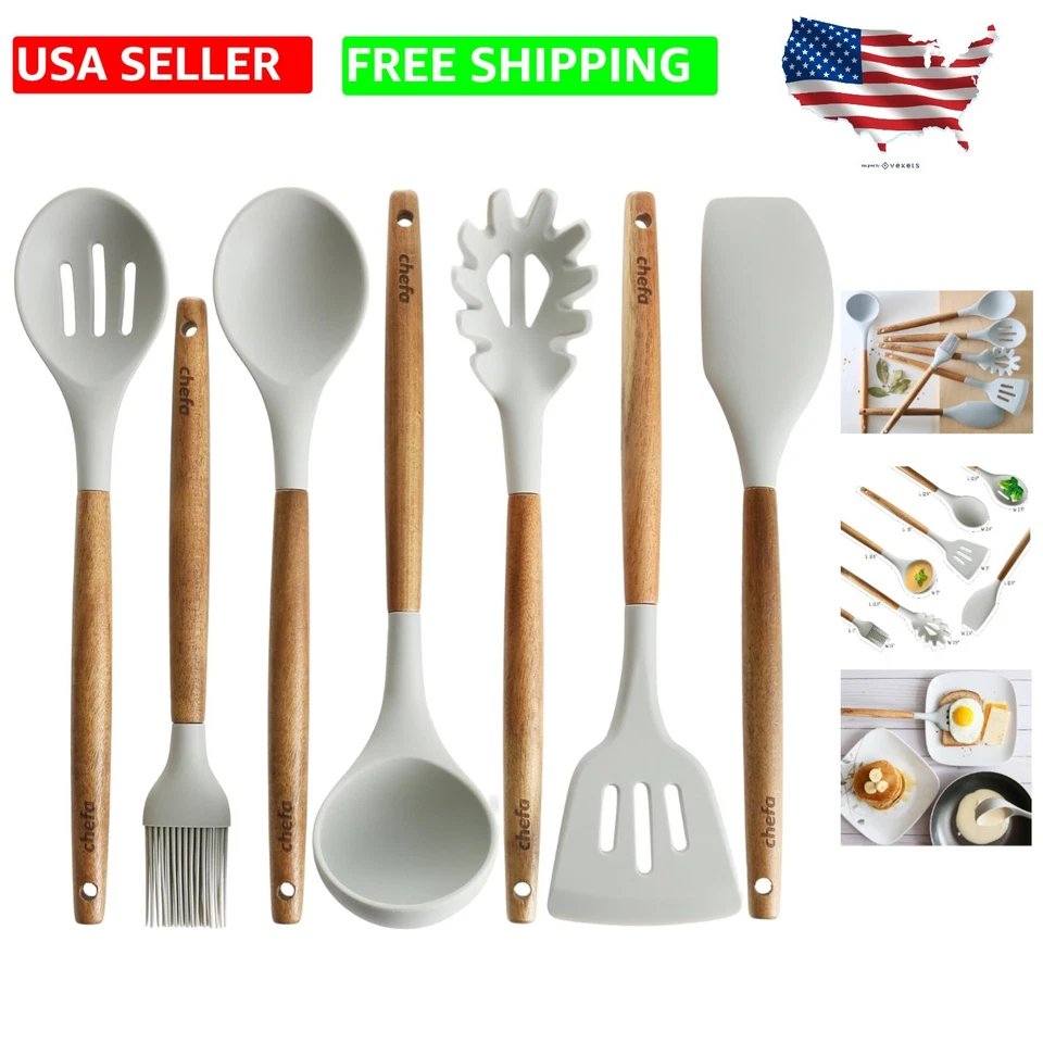 Silicone Cooking Utensils Wooden Handle Non-Stick Cookware Heat Resistant